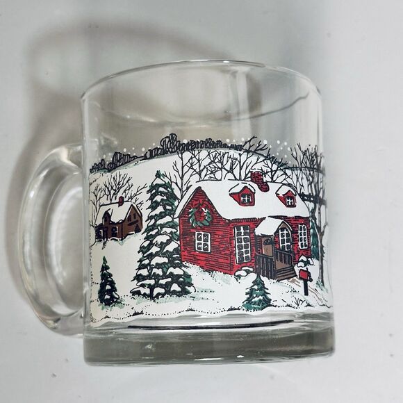 VTG Christmas Village Holiday Coffee Tea Mug Libbey Glass Horses Sleigh USA - Picture 1 of 5